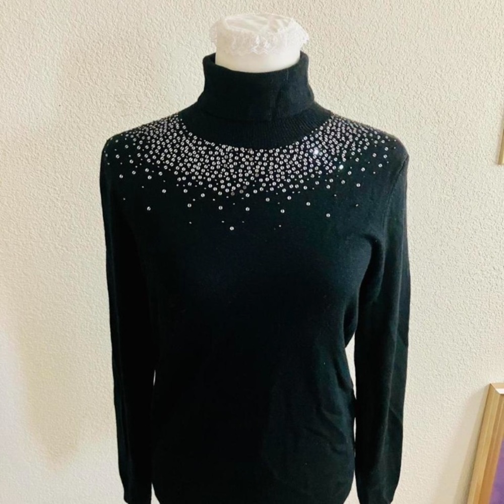 Lands' End Black Turtleneck Sweater with Silver Accents